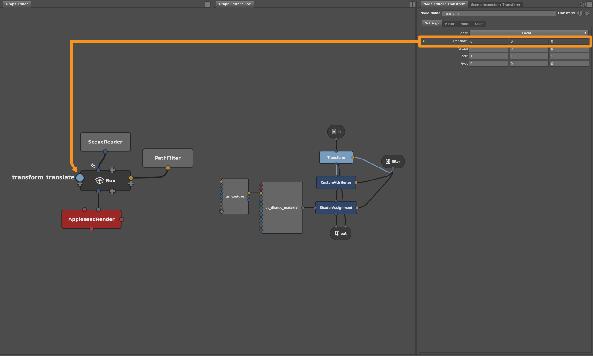 A promoted plug in the Node Editor, and how it appears on the Box in the Graph Editor