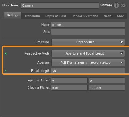 The Aperture and Focal Length projection mode, with plugs that define a 50mm lens on a Full Frame 35mm body