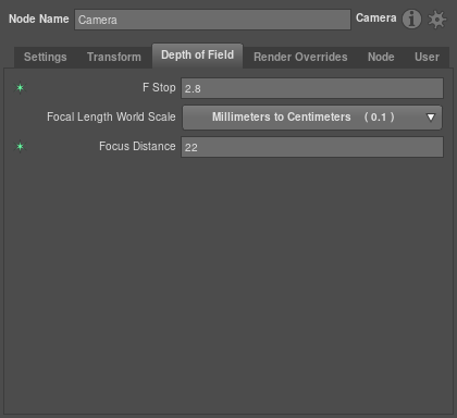 The Depth of Field tab and plugs of a Camera node in the Node Editor