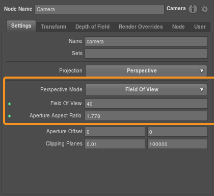 The Field of View projection mode, with plugs that define a horizontal FOV of 40 and an aspect ratio of 1.778
