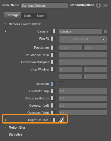 The Depth of Field plug of a StandardOptions node in the Node Editor