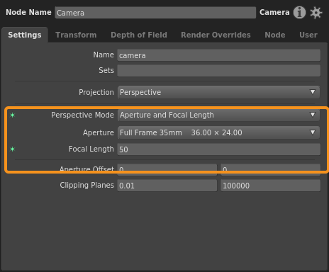 The Aperture and Focal Length projection mode, with plugs that define a 50mm lens on a Full Frame 35mm body