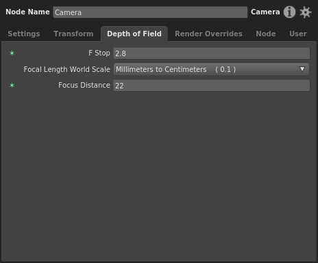 The Depth of Field tab and plugs of a Camera node in the Node Editor