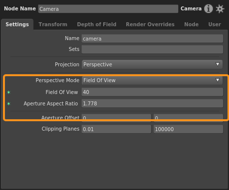 The Field of View projection mode, with plugs that define a horizontal FOV of 40 and an aspect ratio of 1.778