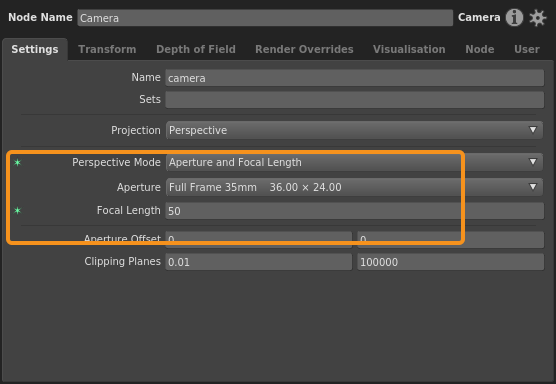 The Aperture and Focal Length projection mode, with plugs that define a 50mm lens on a Full Frame 35mm body