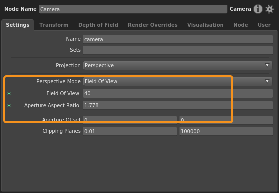 The Field of View projection mode, with plugs that define a horizontal FOV of 40 and an aspect ratio of 1.778