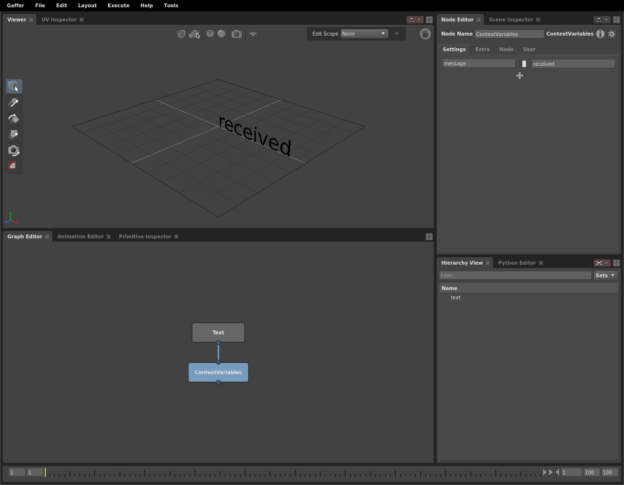 A basic scene network where a string plug substitutes a Context Variable.
