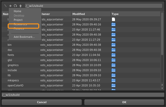 A custom default bookmark in an image node's file browser