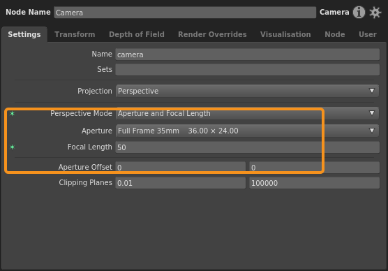 The Aperture and Focal Length projection mode, with plugs that define a 50mm lens on a Full Frame 35mm body