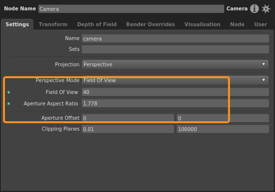 The Field of View projection mode, with plugs that define a horizontal FOV of 40 and an aspect ratio of 1.778