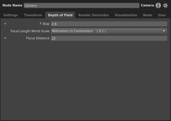 The Depth of Field tab and plugs of a Camera node in the Node Editor