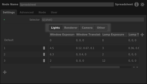 Column sections in the Spreadsheet node interface