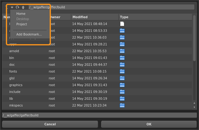 The bookmarks in a Gaffer file browser