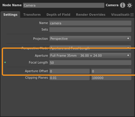 The Aperture and Focal Length projection mode, with plugs that define a 50mm lens on a Full Frame 35mm body