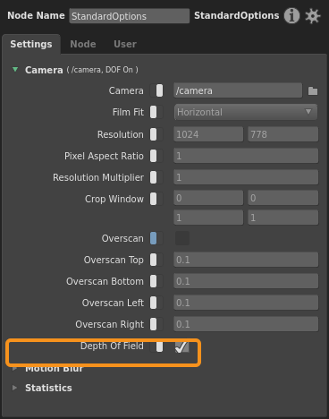 The Depth of Field plug of a StandardOptions node in the Node Editor