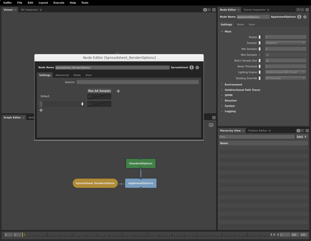 Spreadsheet node in the Graph Editor and a new Node Editor window