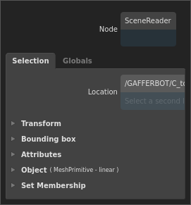 All of a location's property sections in the Selection tab Scene Inspector