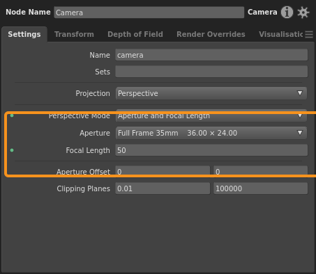 The Aperture and Focal Length projection mode, with plugs that define a 50mm lens on a Full Frame 35mm body