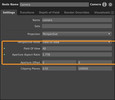 The Field of View projection mode, with plugs that define a horizontal FOV of 40 and an aspect ratio of 1.778