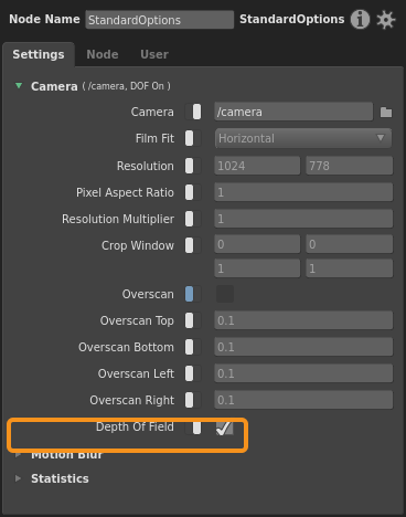 The Depth of Field plug of a StandardOptions node in the Node Editor