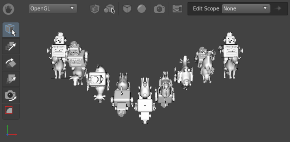 A scene with multiple cowboy robots rotated along the x-axis.