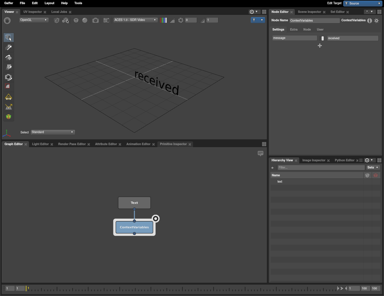 A basic scene network where a string plug substitutes a Context Variable.