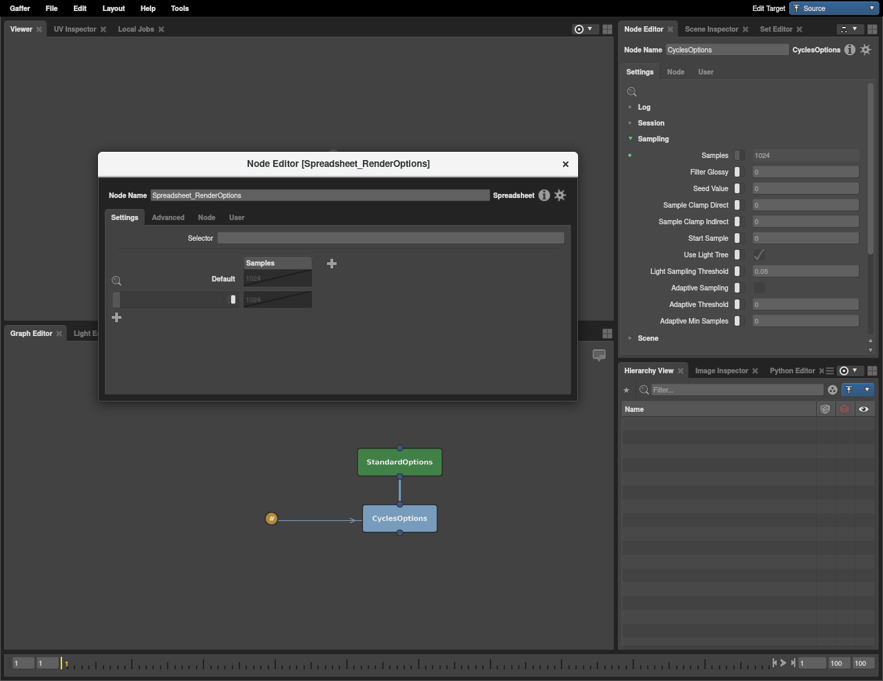 Spreadsheet node in the Graph Editor and a new Node Editor window