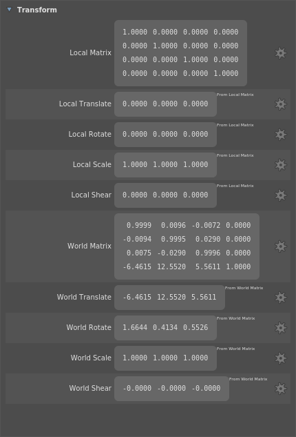 A location's Transform section in the Scene Inspector