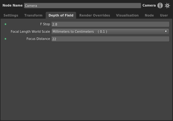 The Depth of Field tab and plugs of a Camera node in the Node Editor