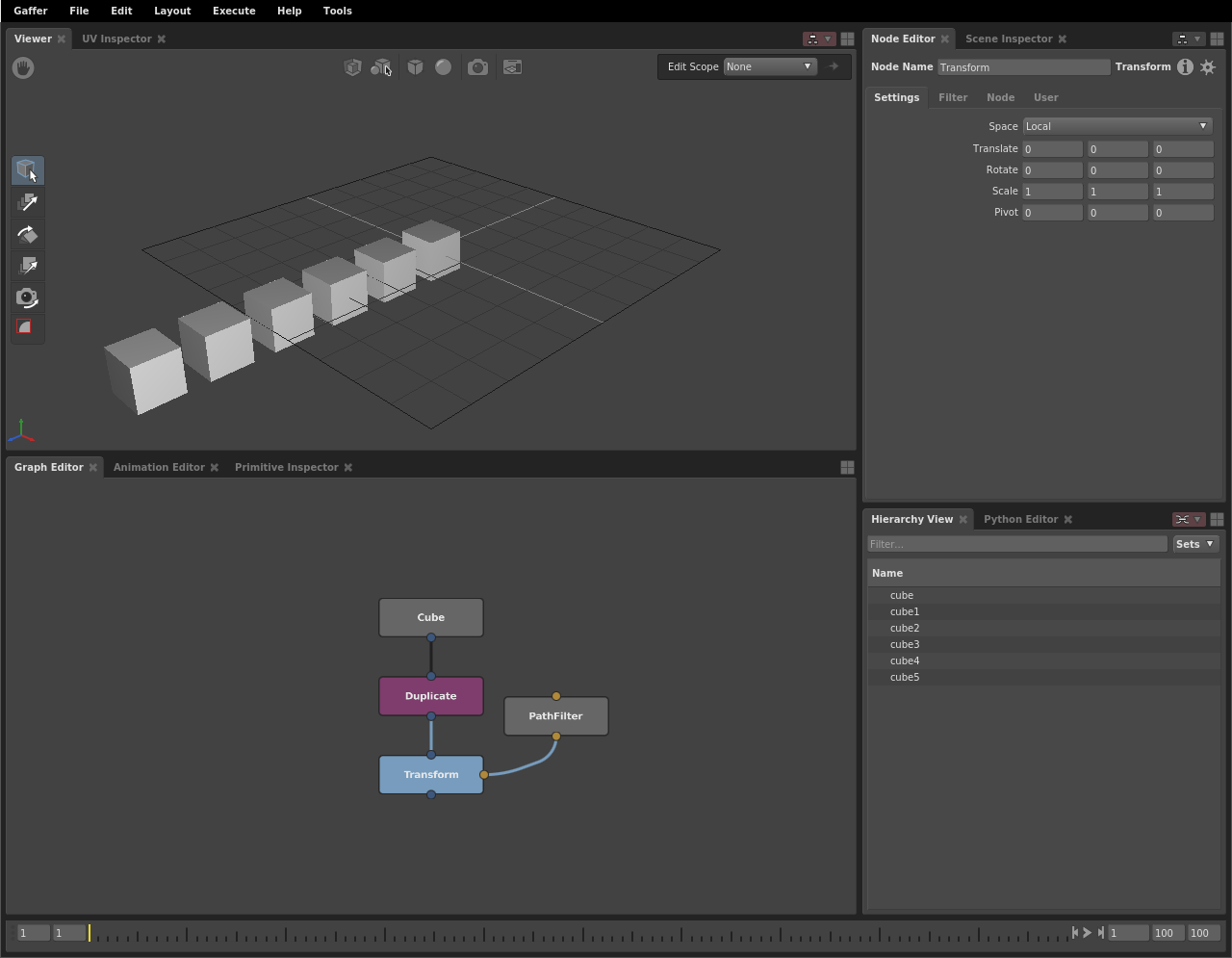 A scene with duplicated cubes in a line, without any randomization.
