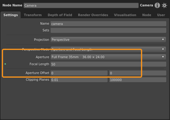 The Aperture and Focal Length projection mode, with plugs that define a 50mm lens on a Full Frame 35mm body