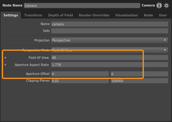 The Field of View projection mode, with plugs that define a horizontal FOV of 40 and an aspect ratio of 1.778