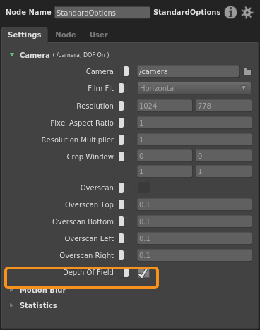 The Depth of Field plug of a StandardOptions node in the Node Editor