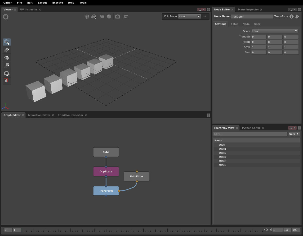 A scene with duplicated cubes in a line, without any randomization.