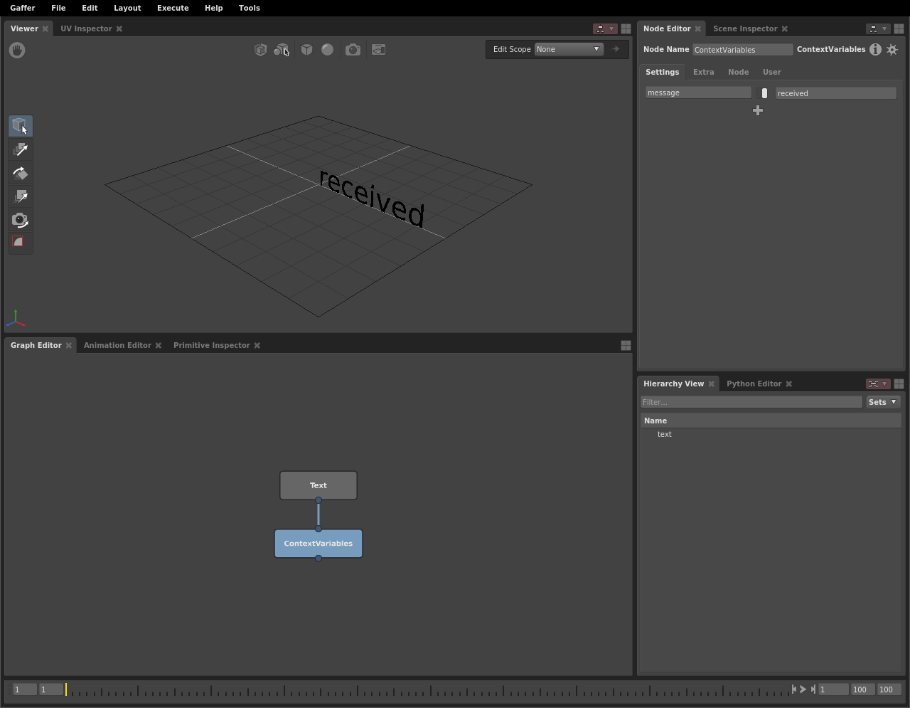 A basic scene network where a string plug substitutes a Context Variable.