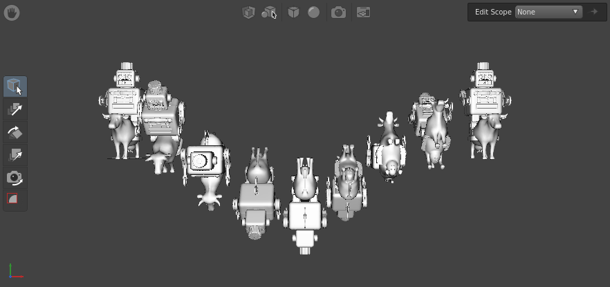 A scene with multiple cowboy robots rotated along the x-axis.
