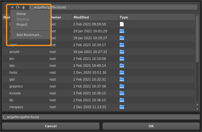 The bookmarks in a Gaffer file browser