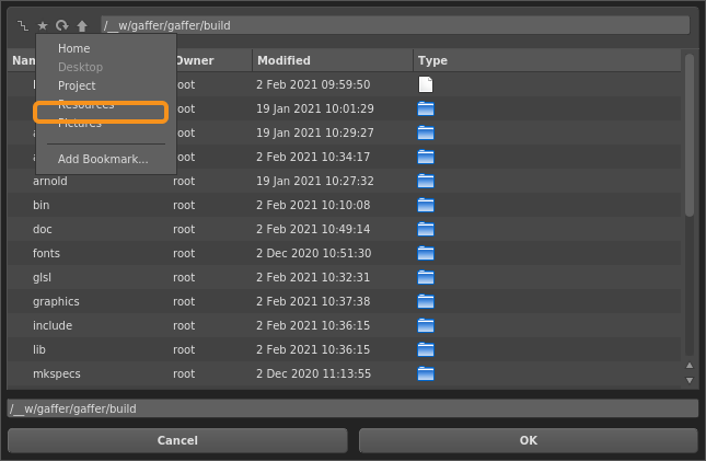 A custom default bookmark in an image node's file browser