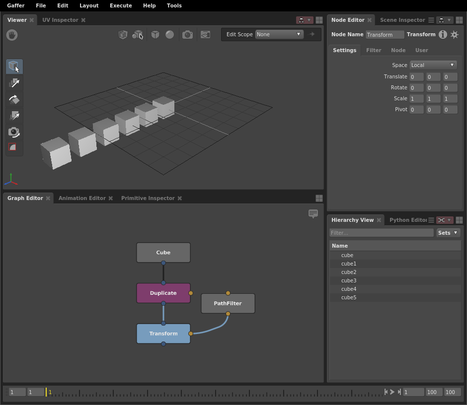 A scene with duplicated cubes in a line, without any randomization.