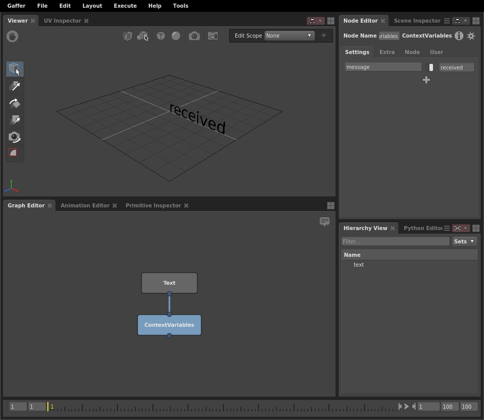 A basic scene network where a string plug substitutes a Context Variable.