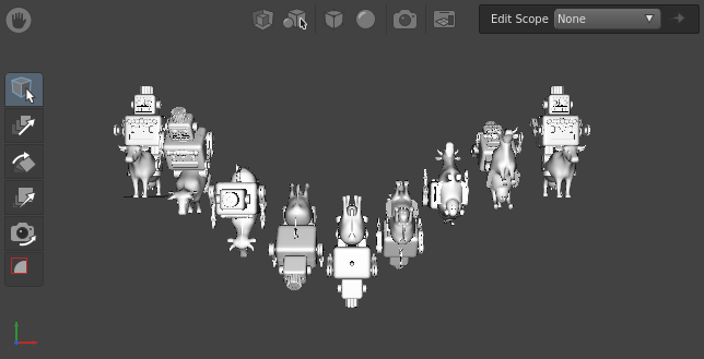 A scene with multiple cowboy robots rotated along the x-axis.