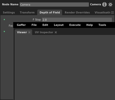 The Depth of Field tab and plugs of a Camera node in the Node Editor