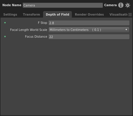 The Depth of Field tab and plugs of a Camera node in the Node Editor