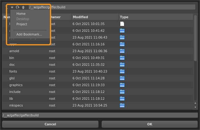 The bookmarks in a Gaffer file browser