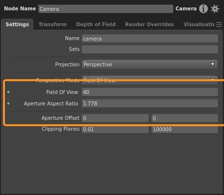 The Field of View projection mode, with plugs that define a horizontal FOV of 40 and an aspect ratio of 1.778