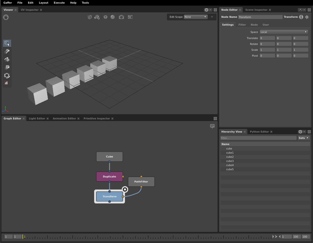 A scene with duplicated cubes in a line, without any randomization.