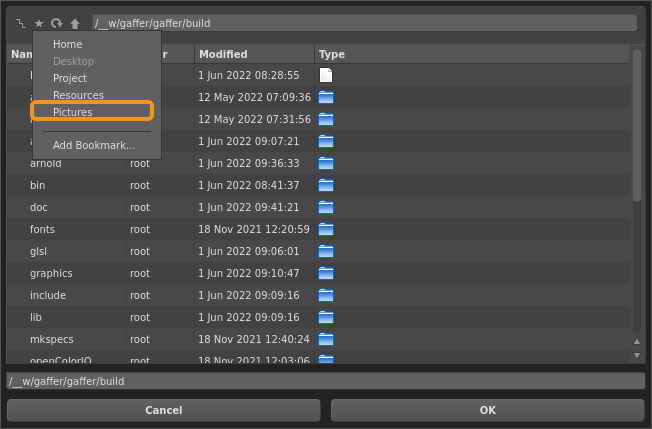 A custom default bookmark in an image node's file browser
