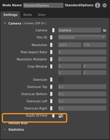 The Depth of Field plug of a StandardOptions node in the Node Editor