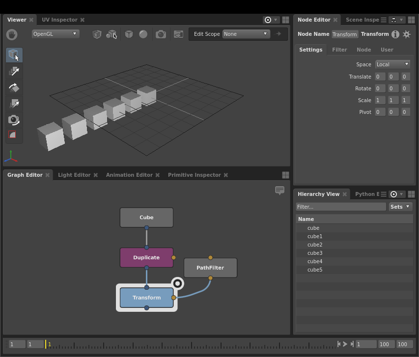 A scene with duplicated cubes in a line, without any randomization.