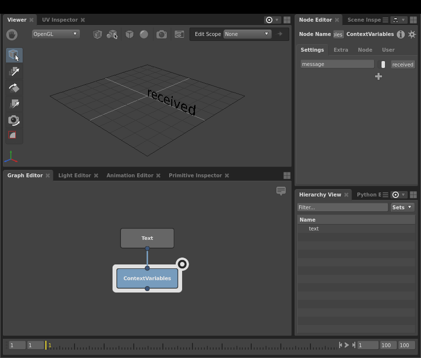A basic scene network where a string plug substitutes a Context Variable.